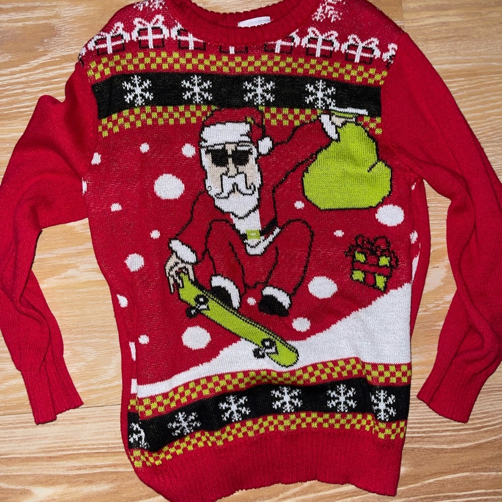 Holiday Sweater Christmas Sweater Santa Skateboarding